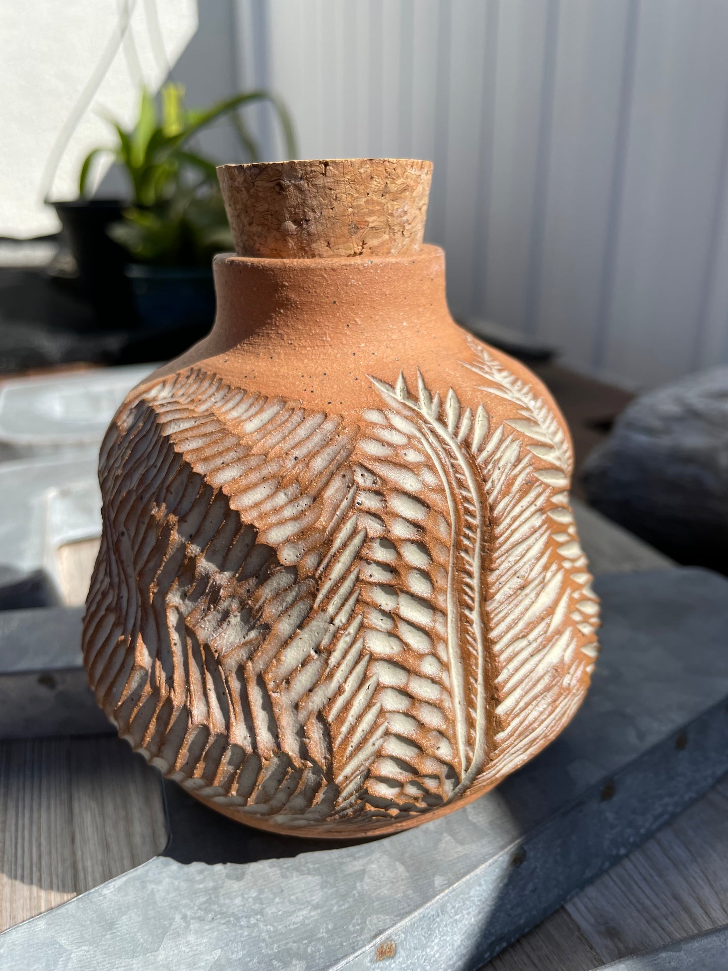 Carved Raw Clay Bottle with Cork