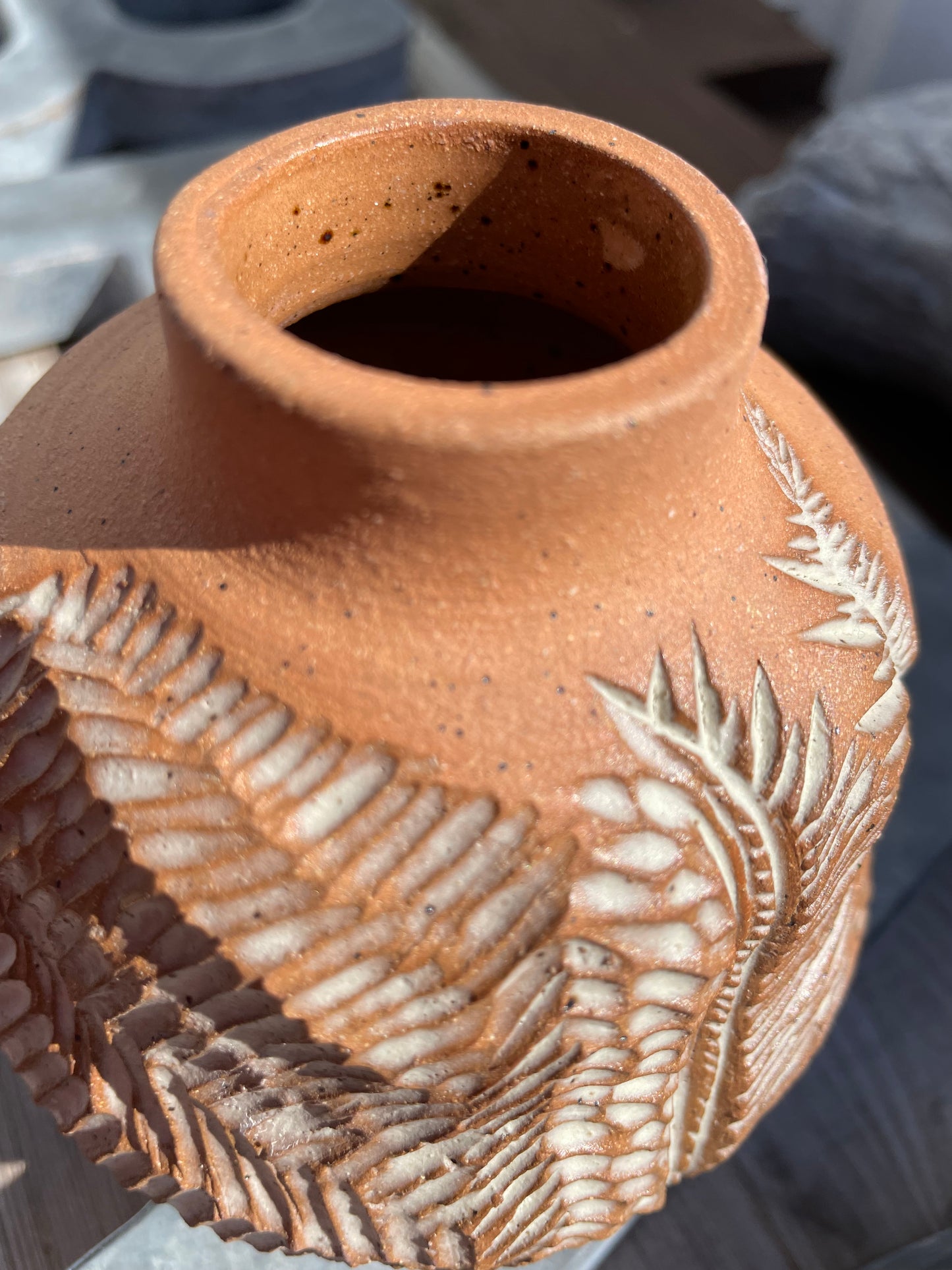 Carved Raw Clay Bottle with Cork