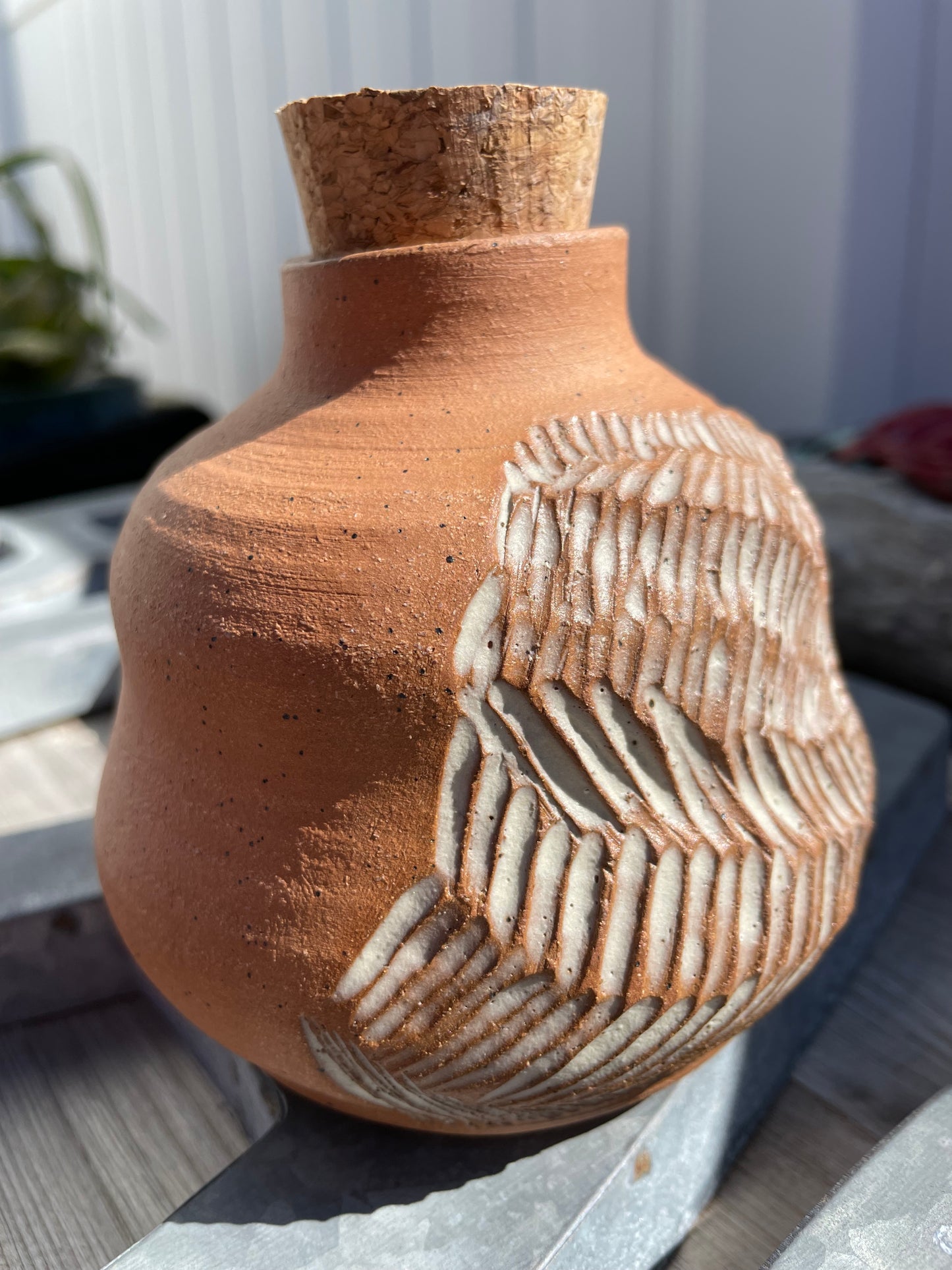 Carved Raw Clay Bottle with Cork