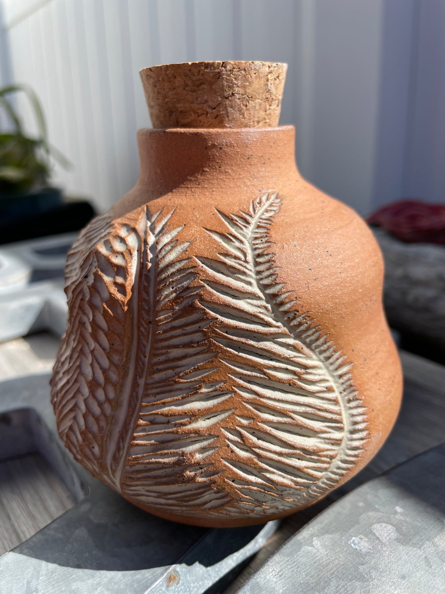 Carved Raw Clay Bottle with Cork