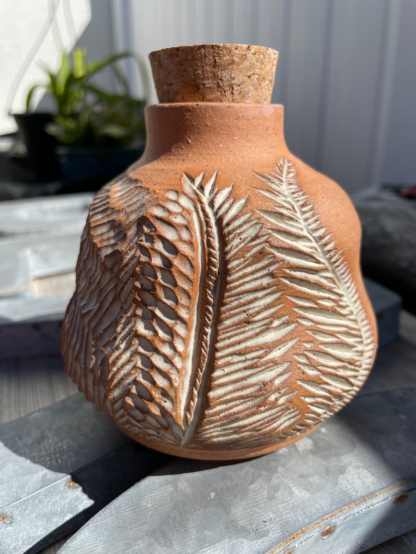 Carved Raw Clay Bottle with Cork