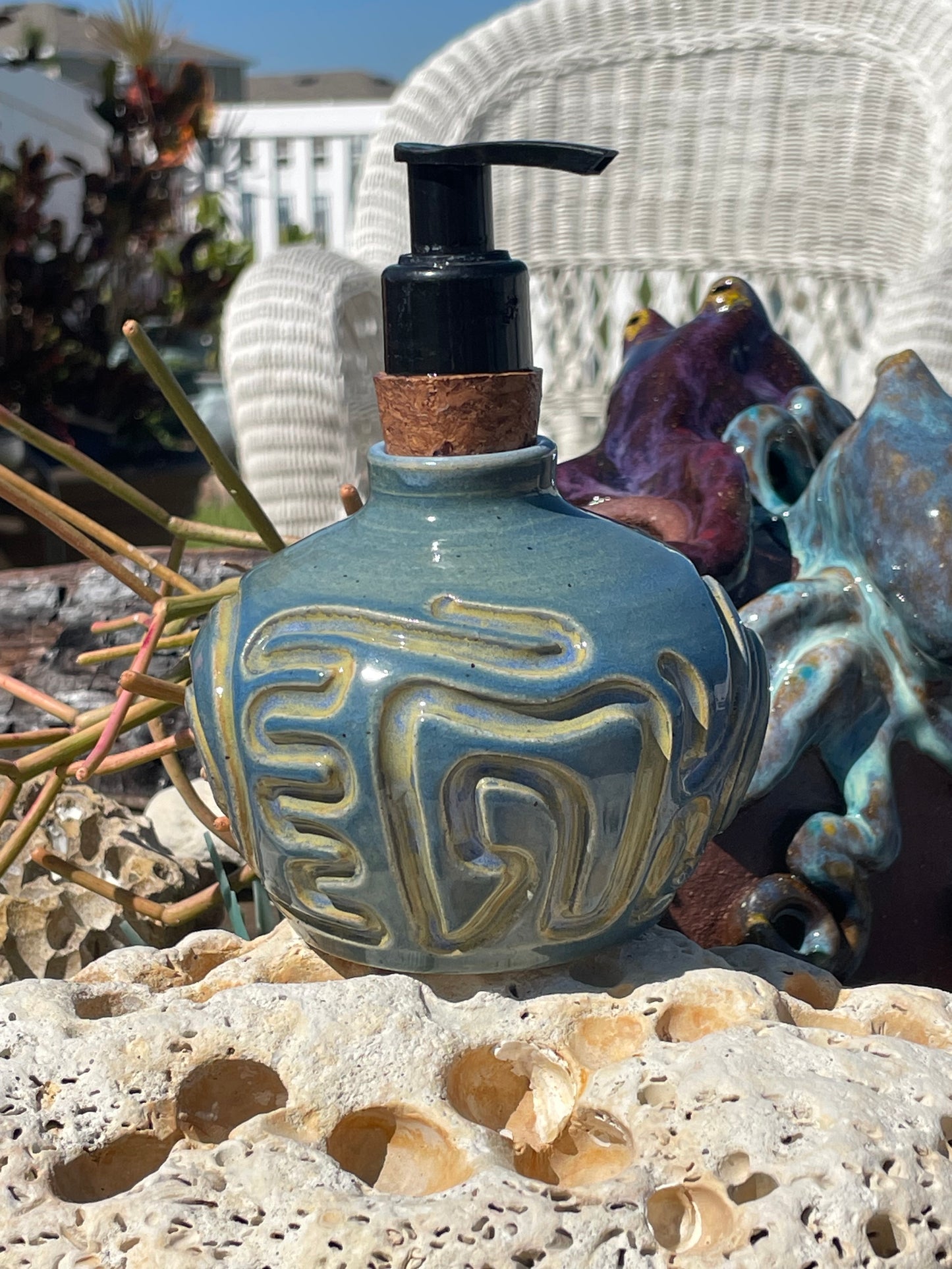 Blue Abstract Bottle with Cork Pump Dispenser