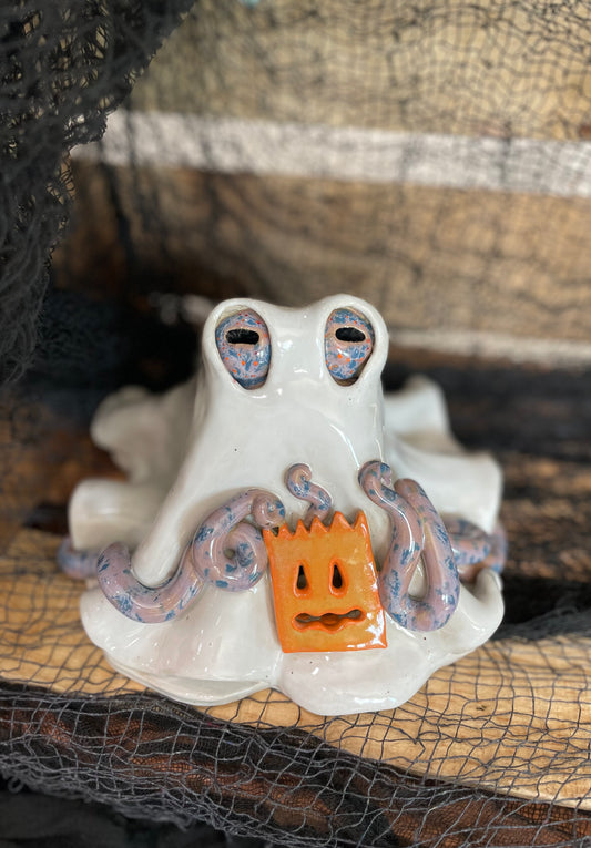 Halloween Ghost Octopus Ceramic Luminary