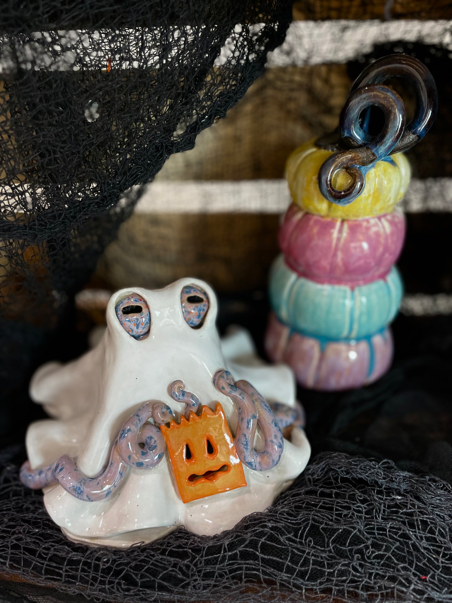 Halloween Ghost Octopus Ceramic Luminary