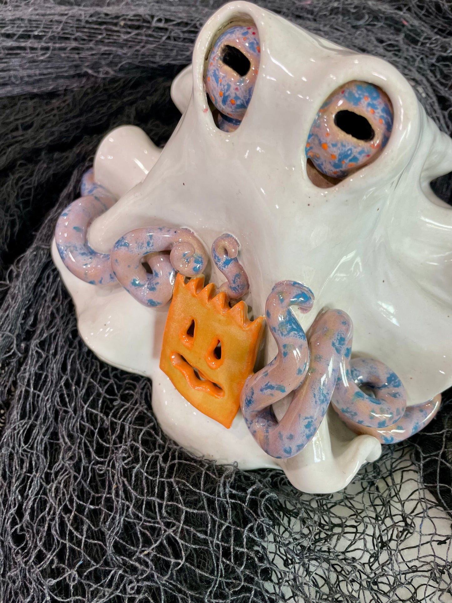 Halloween Ghost Octopus Ceramic Luminary