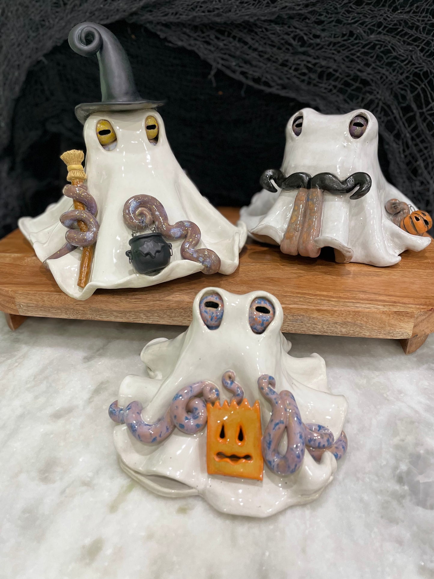 Halloween Ghost Octopus Ceramic Luminary